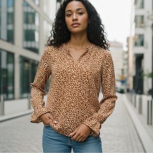 Ann Taylor Pintuck Split neck Giraffe Print Blouse